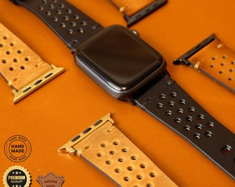 Leather Apple Watch Band, Perforated Racing Style, Handmade Strap