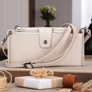 Cartera de piel para mujer color crema, bandolera, funda para móvil de 6,5", 12 ranuras para tarjetas, compartimento con cremallera, correa desmontable, regalo para mujer