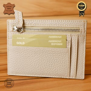 Carteira de couro 100% genuíno – porta-cartões feito à mão com zíper, 8 compartimentos para cartões, design exclusivo, seguro e elegante, presente para GF (Mink)