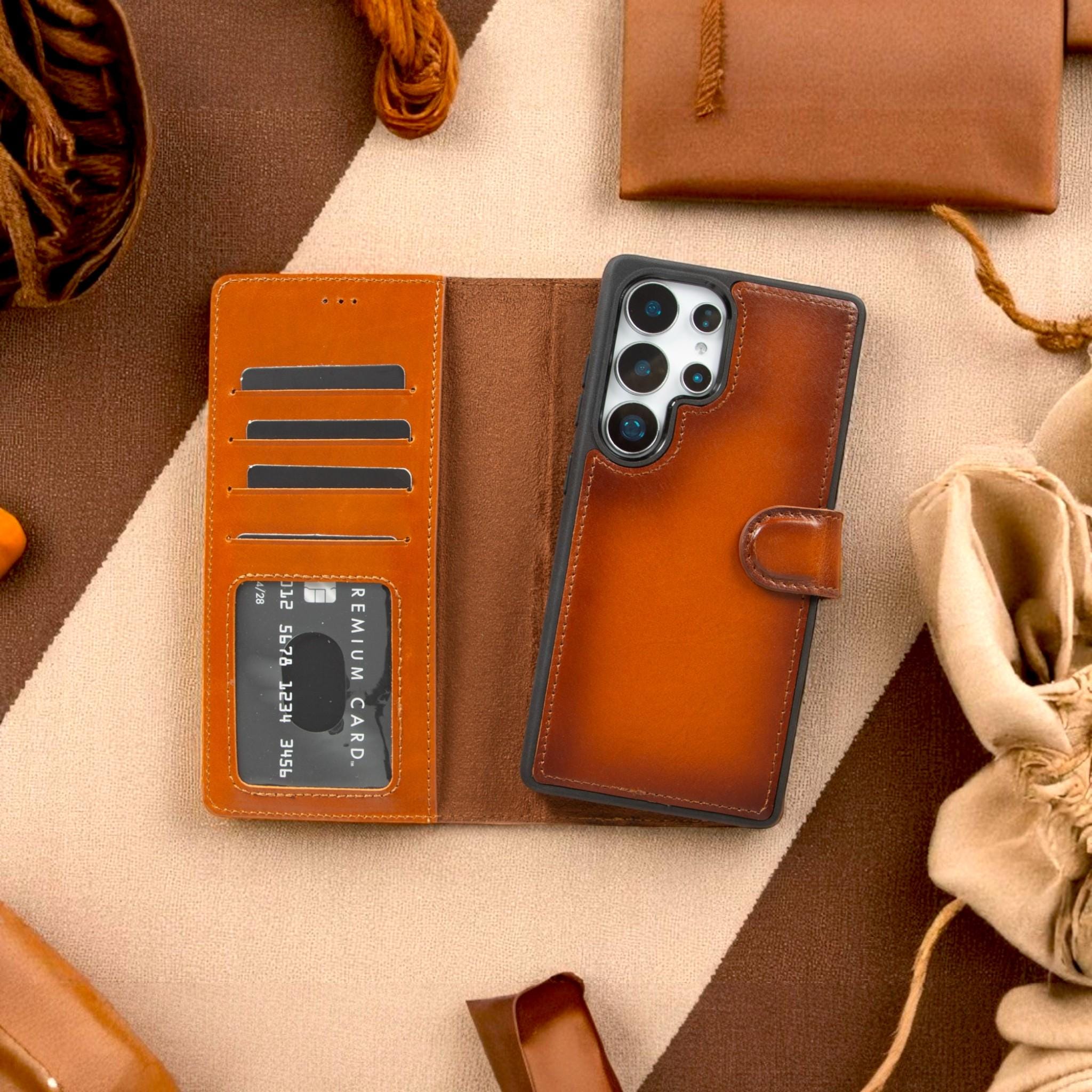 Capa de couro com porta-cartões para Samsung S25/S24/S23/S22 | Capa magnética removível | Proteção RFID | Suporte