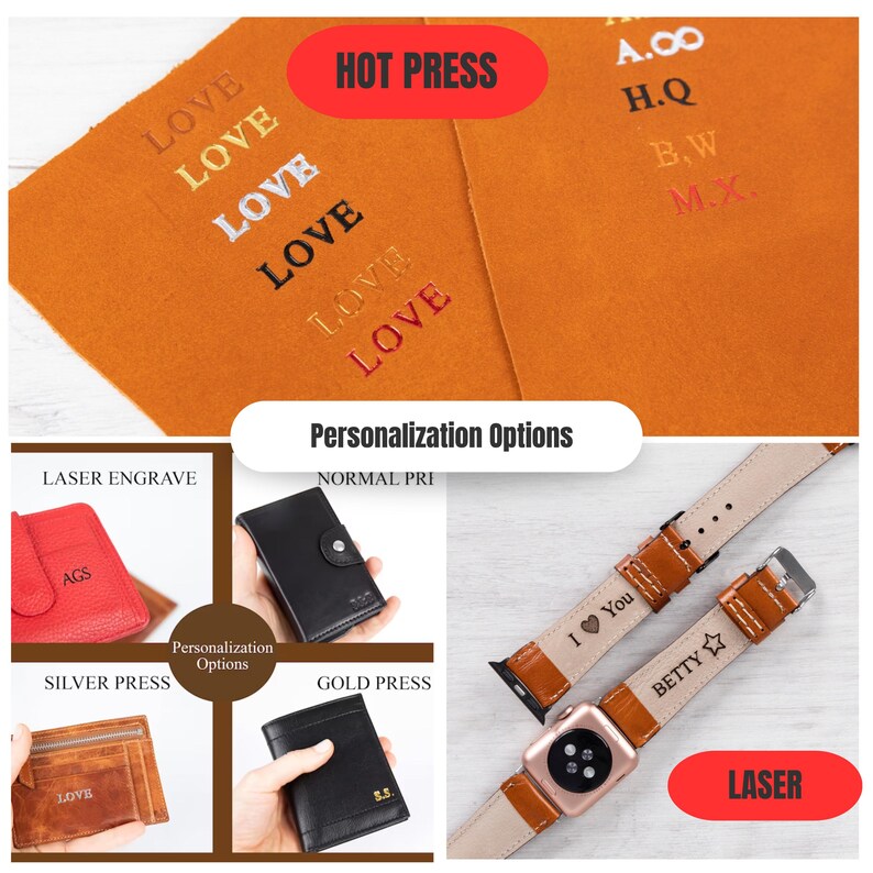 May include: An assortment of personalized leather goods, including wallets and watch bands. The image showcases options like laser engraving and hot press techniques. The wallets come in various colors, with text like "LOVE" and initials. Watch bands feature text like "I ❤️ You" and "BETTY".
