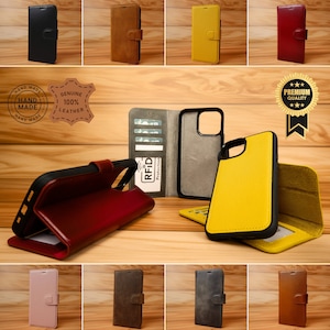 Funda tipo billetera de cuero genuino para iPhone 15 Pro Max con ranuras para tarjetas, protección RFID, MagSafe y carga inalámbrica, funda tipo folio para iPhone 15 Pro Max