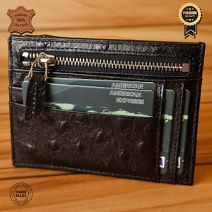 Cartera de Cuero 100% Genuino - Tarjetero Hecho a Mano con Cremallera, 8 Ranuras para Tarjetas, Diseño Único, Seguro y Elegante, Regalo para GF (DE Black)