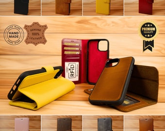 Phone 14 Leather Card Holder Wallet, Magnetic Detachable Phone Case with RFID Protection, Magsafe Compatible Slim Flip Cover