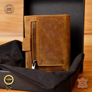 Cartera de cuero genuino hecha a mano, compartimento para monedas con cremallera, 4 ranuras para tarjetas, sección para efectivo, costuras decorativas, diseños especiales para Halloween