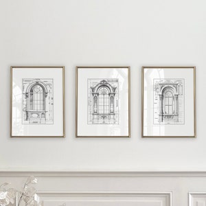 Architecture Drawing Gallery Wall Art | Vintage Architecture Sketch Art Prints | Architectural Set of Three | PRINTABLE Gallery Set |S143-S3