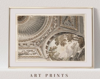 May include: A black and white drawing of an ornate ceiling with a painted sky and trees. The drawing is framed in a gold frame.