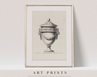 May include: A black and white line drawing of an ornate urn with a decorative lid and a base. The drawing is framed in a gold frame and has the text "ART PRINTS" and "ANTIQUE ART COLLECTIVE" below the image.