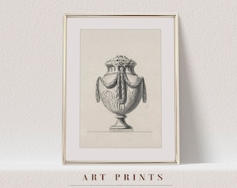 May include: A black and white line drawing of a decorative urn with ornate details. The urn is framed in a gold frame and the image is titled "ART PRINTS" with the text "ANTIQUE ART COLLECTIVE" below.