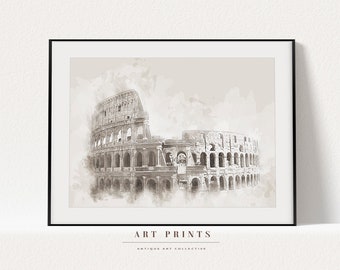 Może przedstawiać: Czarno-biała akwarela przedstawiająca Koloseum w Rzymie, Włochy. Obraz jest oprawiony i zawiera napis "ART PRINTS" oraz "ANTIQUE ART COLLECTIVE" na dole.