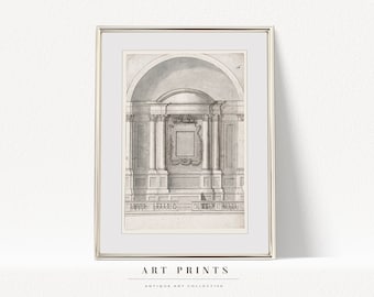 Peut inclure: Tirage d'art encadré dans un cadre argenté. L'œuvre est une esquisse en niveaux de gris d'une façade de bâtiment classique avec des colonnes, des arches et des éléments décoratifs. Le texte "ART PRINTS" et "ANTIQUE ART COLLECTIVE" est imprimé en bas.