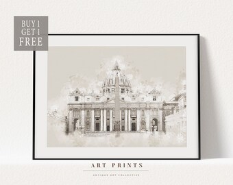 Peut inclure: Une illustration aquarelle en noir et blanc de la basilique Saint-Pierre à Rome, en Italie. L'image est encadrée dans un cadre noir et porte le texte "ART PRINTS" et "ANTIQUE ART COLLECTIVE" en bas.