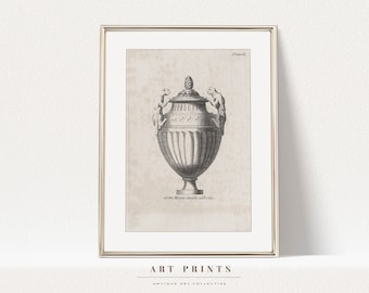 Puede incluir: Una ilustración antigua en blanco y negro de una urna decorativa con dos figuras a cada lado de la parte superior. La urna tiene una base redonda y un cuerpo alto y delgado con un diseño acanalado. Las figuras se miran y parecen estar sosteniendo la urna.