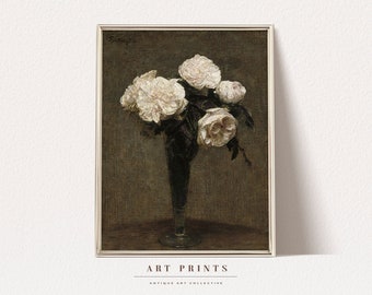 Vintage Lilies Still Life Oil Painting / Antique White Flower Roses Paint | Old Botanical Neutral Art Print | Wall Art Decor PRINTABLE | 582