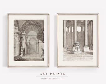 May include: Two framed black and white architectural drawings of a classical building interior. The drawings are in a minimalist style and feature columns, arches, and a vaulted ceiling.