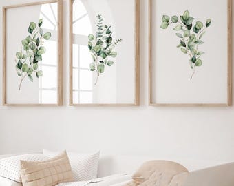 Set of 3 Eucalyptus and Sage Olive Minimalist Watercolor Wall Art Prints|Living Room Greenery Home Decor|Printable Herbs Botanical Poster|87