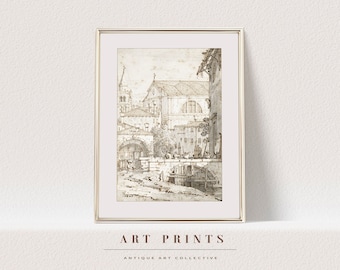 May include: A framed black and white drawing of an old city scene with buildings and a bridge. The drawing is in a silver frame and has a white mat. The image is titled "ART PRINTS" and "ANTIQUE ART COLLECTIVE".
