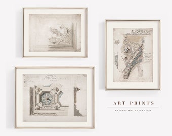 May include: Three framed antique art prints featuring detailed drawings of ornate architectural details. The prints are in a light beige color scheme with hints of blue and gold. The text "ART PRINTS ANTIQUE ART COLLECTIVE" is visible at the bottom of the image.