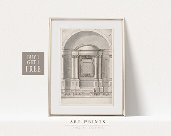 Peut inclure: Un dessin architectural en noir et blanc d'un plafond voûté avec des détails ornés. Le dessin est encadré dans un cadre argenté et porte le texte "ART PRINTS" et "ANTIQUE ART COLLECTIVE" sous l'image.