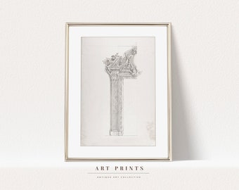 May include: A black and white line drawing of an architectural column with ornate details. The drawing is framed in a silver frame and displayed on a white wall. The text "ART PRINTS" and "ANTIQUE ART COLLECTIVE" is printed below the frame.