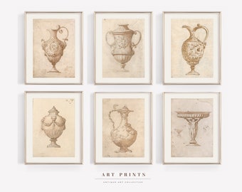May include: Set of six antique-style art prints featuring detailed drawings of ornate urns and vases. The prints are framed in silver and have a vintage aesthetic.