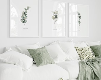Set of 3 Eucalyptus and Sage Minimalist Watercolor Wall Art Prints| Living Room Greenery Home Decor|Printable Herbs Botanical Poster Set|35