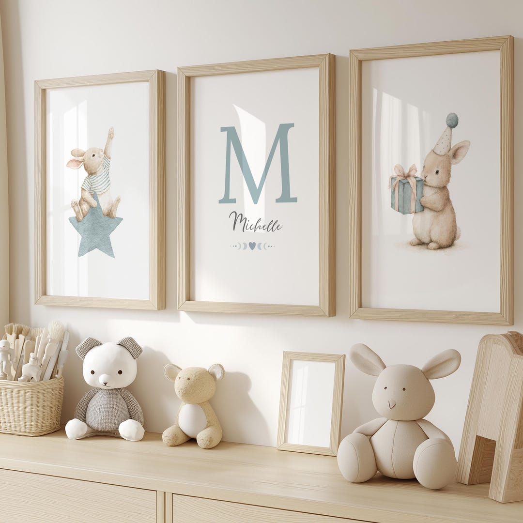 Vintage Bunny Custom Nursery Wall Art Print|set of 3 Personalized Name ...