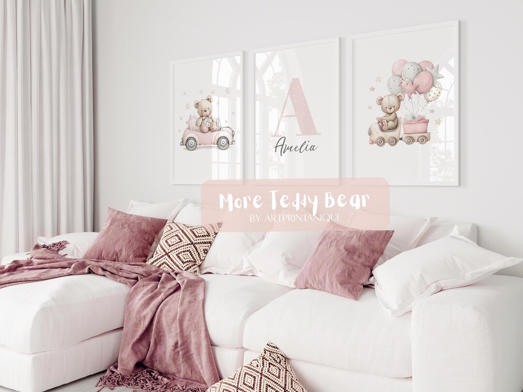 Set of 3 Custom Pink Teddy Bear Nursery Wall Art Print|personalized ...