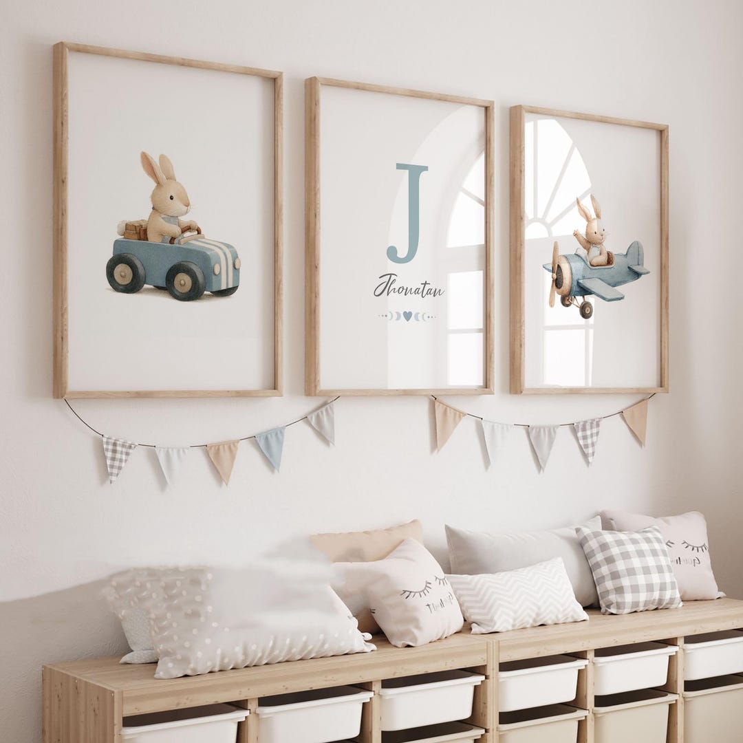 Vintage Bunny Custom Nursery Wall Art Print|set of 3 Personalized Name ...