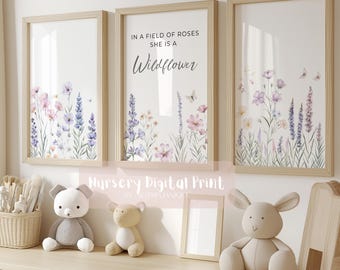 Set of 3 Wildflowers Nursery Prints |Floral Nursery Decor| Watercolor Flower Boho Girls Nursery 'In a Field of Roses she is a Wildflower|25