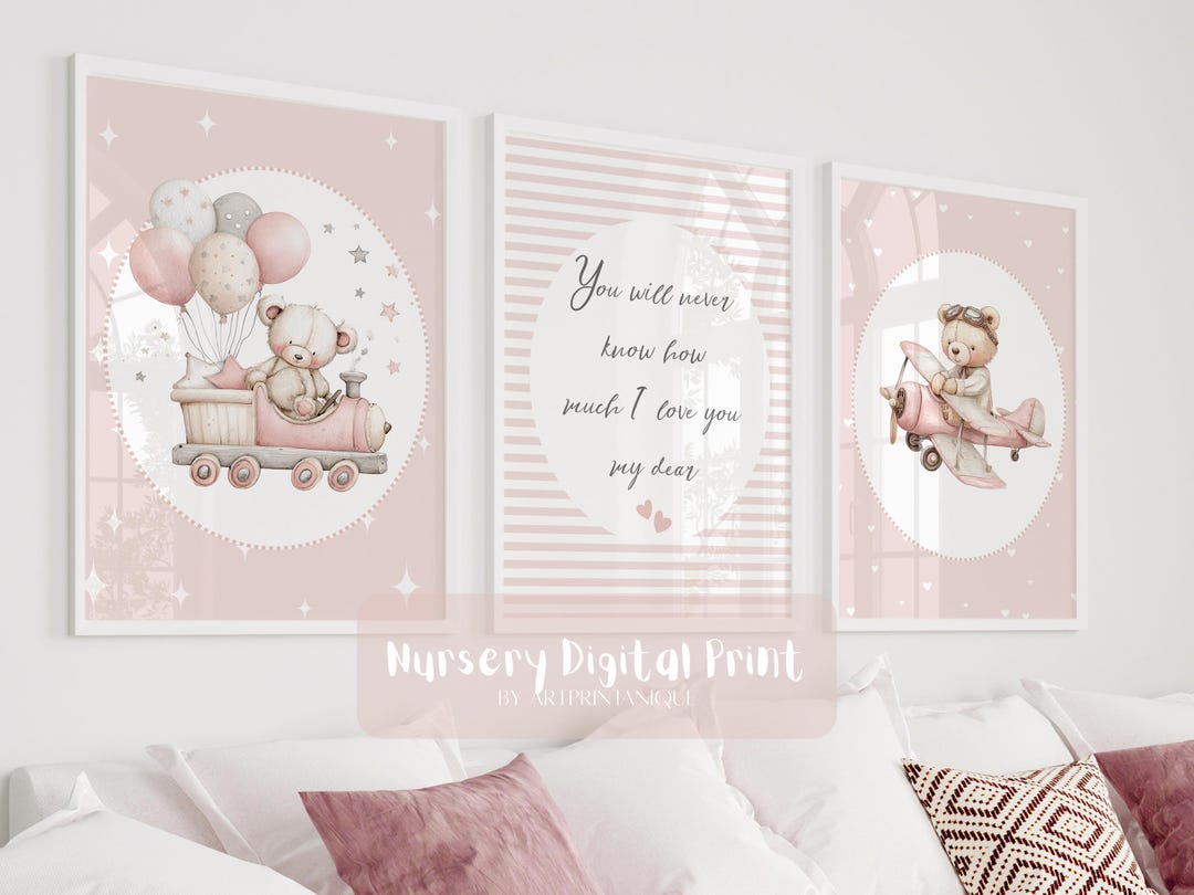 Set of 3 Vintage Teddy Bear Nursery Wall Art Print | Pink Nursery Print ...