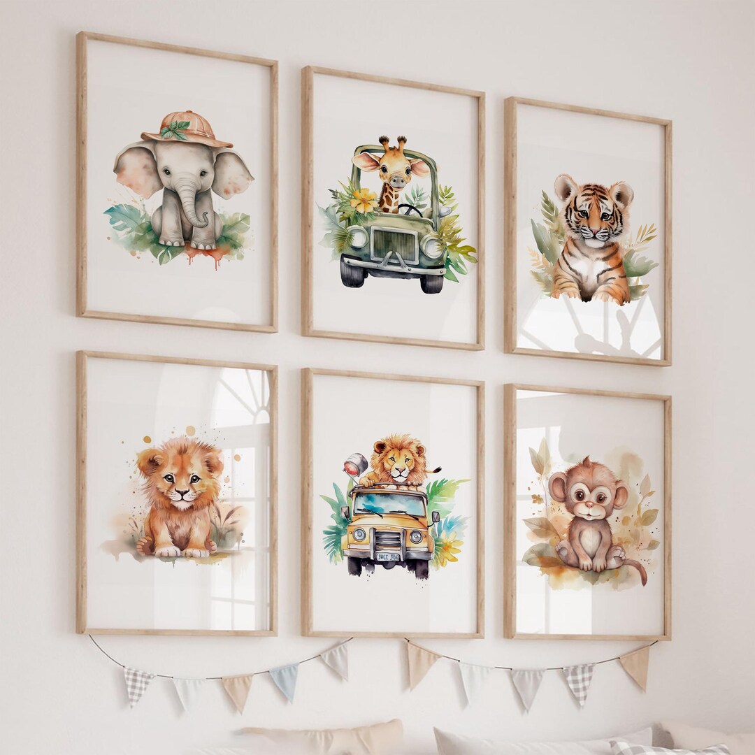 Set of 6 Safari Animal Nursery Wall Art Print| Nursery Decor Girl and ...