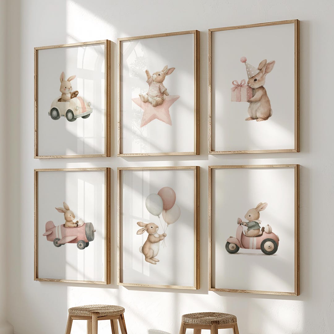 Set of 6 Pink Bunny Nursery Wall Art Print|vintage Bunny Nursery Decor ...