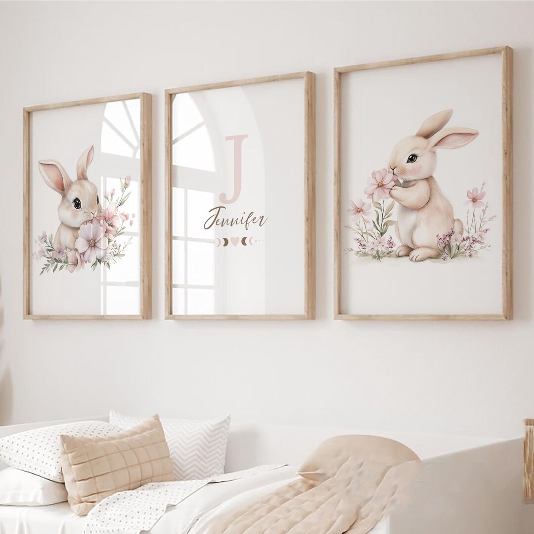 Bunny Custom Nursery Wall Art Print|set of 3 Personalized Name Pink ...
