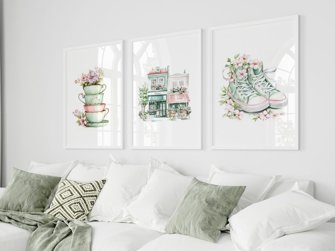 Set of 3 Green Flowers |watercolor Pink Flower Wall Art Print | Living ...