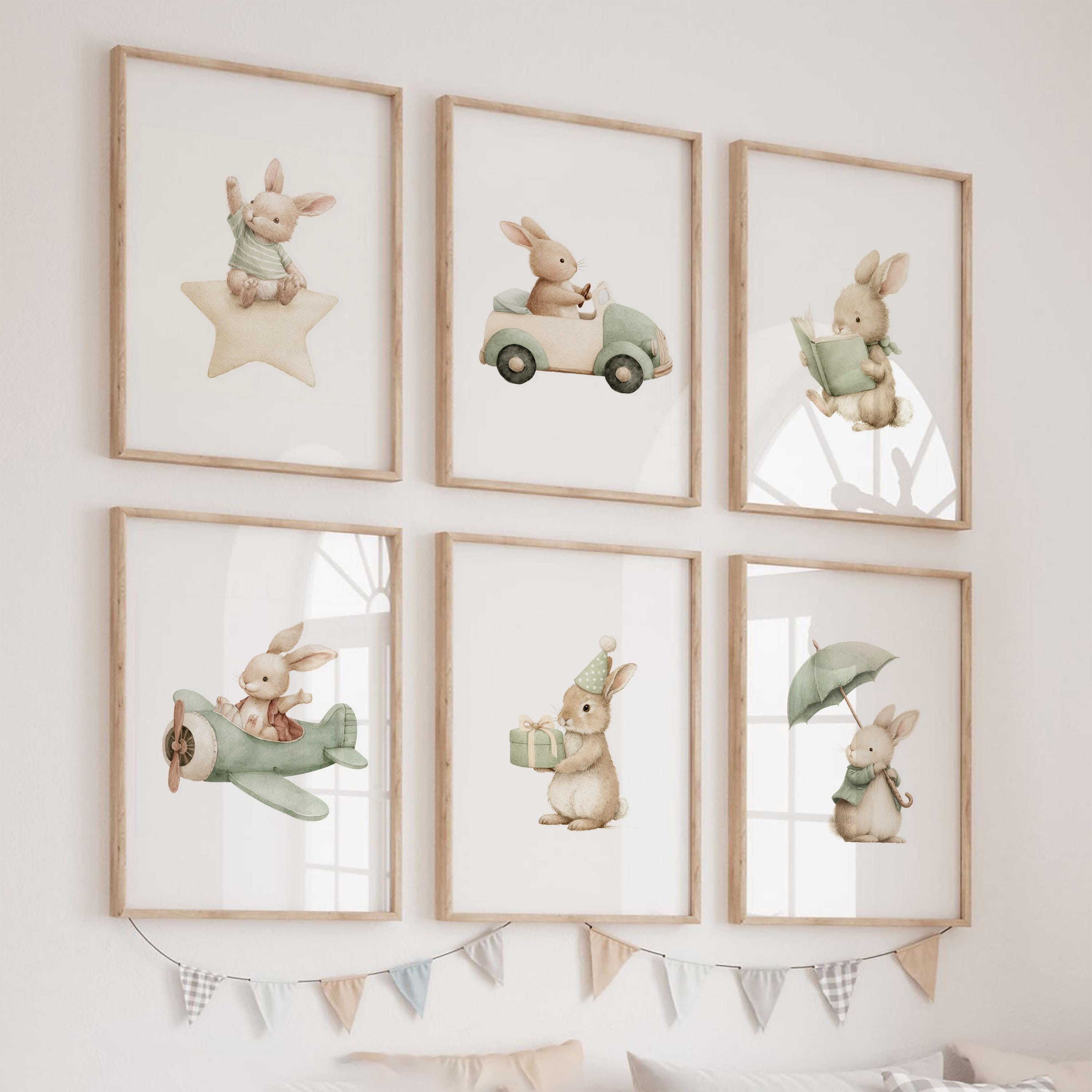 Set of 6 Green Bunny Nursery Wall Art Print|vintage Bunny Nursery Decor ...