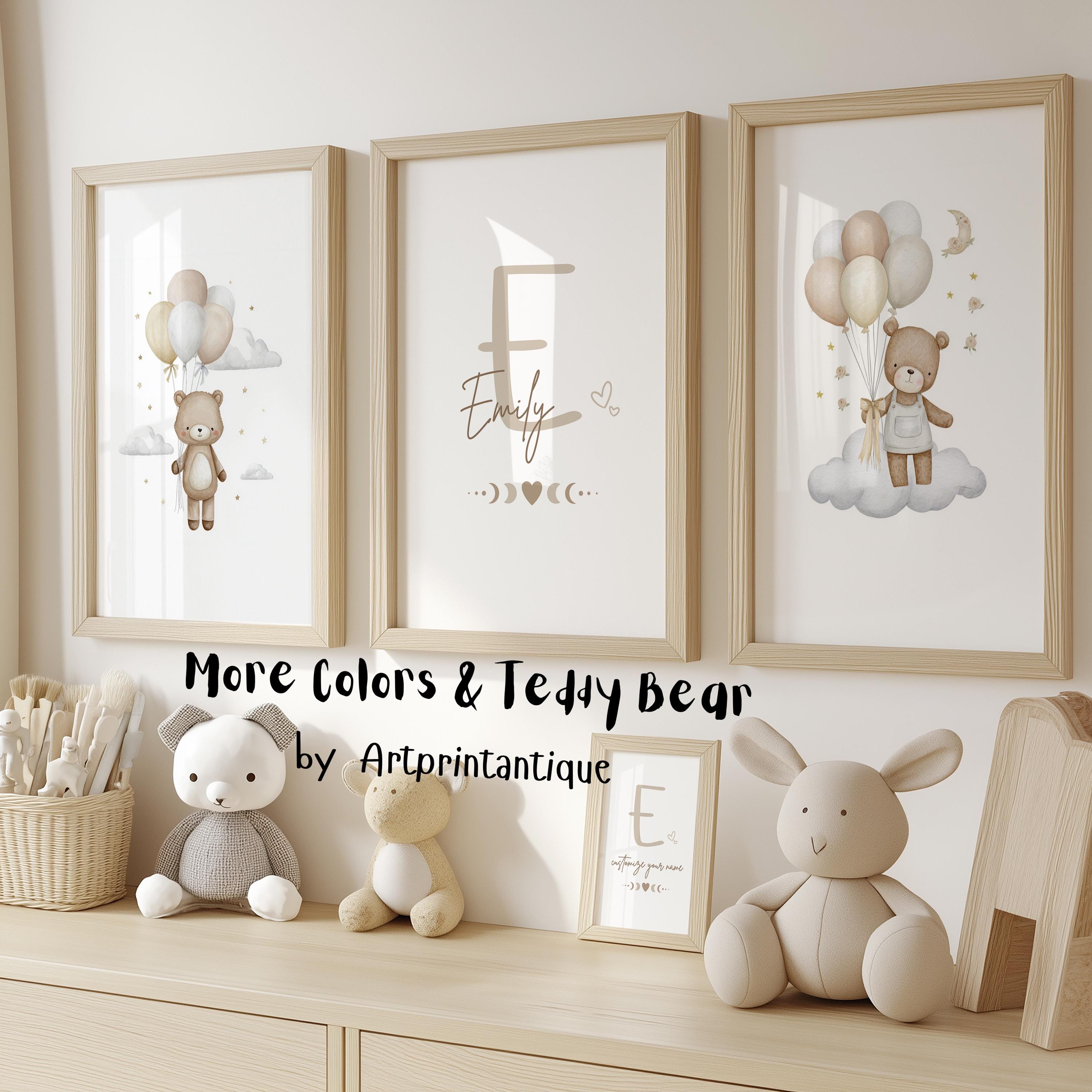 Set of 3 Teddy Bear Nursery Wall Art Print | Custom Name Wildflowers ...