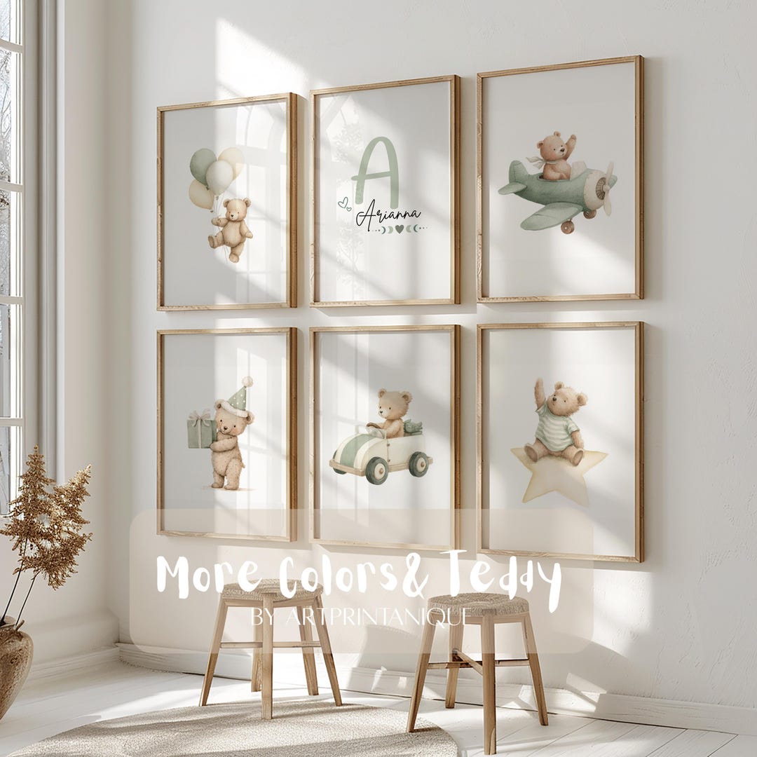Set of 6 Custom Teddy Bear Nursery Wall Art Print|personalized Name ...