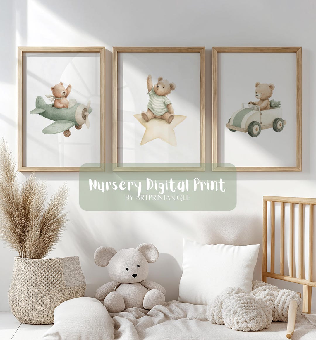 Set of 3 Green Teddy Bear Nursery Wall Art Prints | Aviator Teddy Bear ...