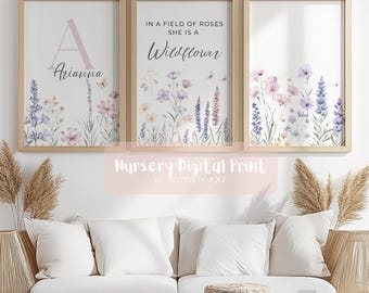 Custom Wildflowers Prints| Floral Nursery Wall Art, Boho, Baby Girl Nursery Wall Art| Watercolor Flowers| Personalised Name Sign Initial |27