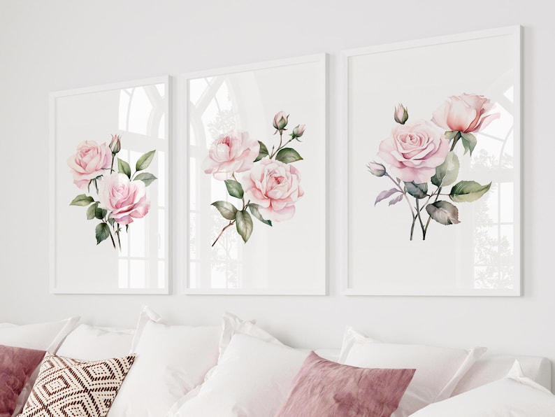 Set of 3 Pink Roses Minimalist Watercolor Wall Art Prints| Living Room ...