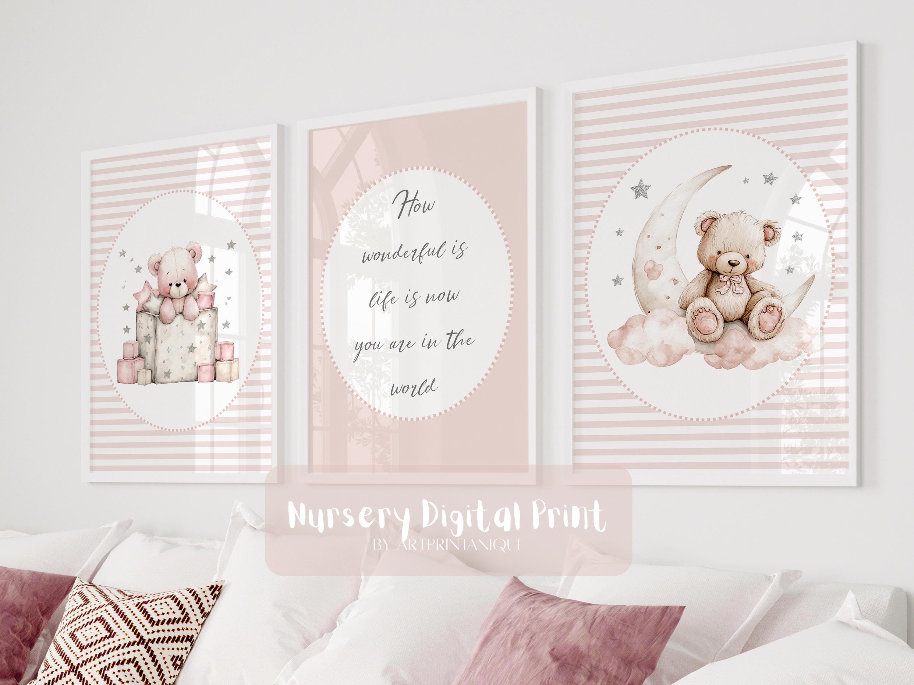 Set of 3 Vintage Teddy Bear Nursery Wall Art Print | Pink Nursery Print ...
