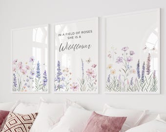 Set of 3 Wildflowers Nursery Prints |Floral Nursery Decor| Watercolor Flower Boho Girls Nursery 'In a Field of Roses she is a Wildflower|25