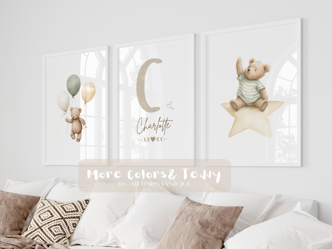 Set of 3 Custom Teddy Bear Nursery Wall Art Print|personalized Name ...