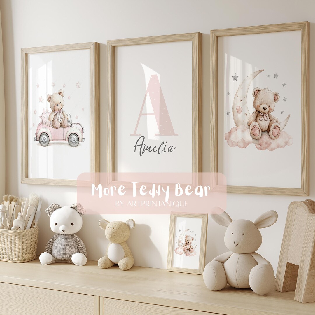 Set of 3 Custom Pink Teddy Bear Nursery Wall Art Print|personalized ...