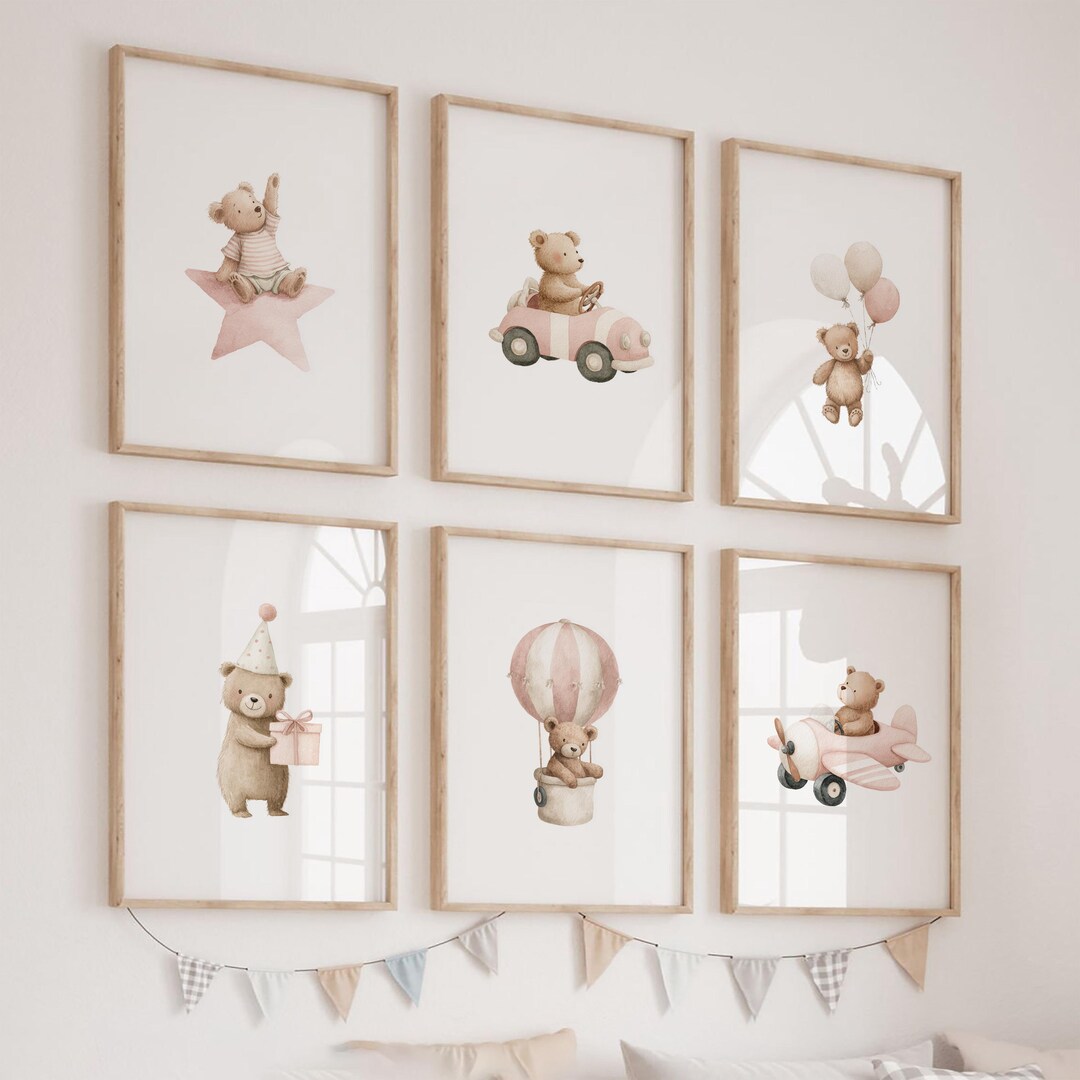 Set of 6 Vintage Teddy Bear Nursery Wall Art Print|pink Teddy Bear ...