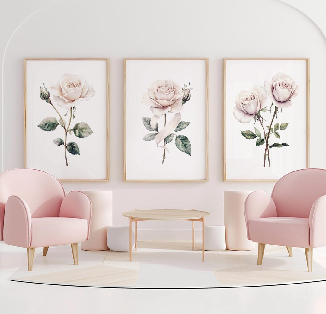 Set of 3 Cream Roses Minimalist Watercolor Wall Art Prints| Living Room ...