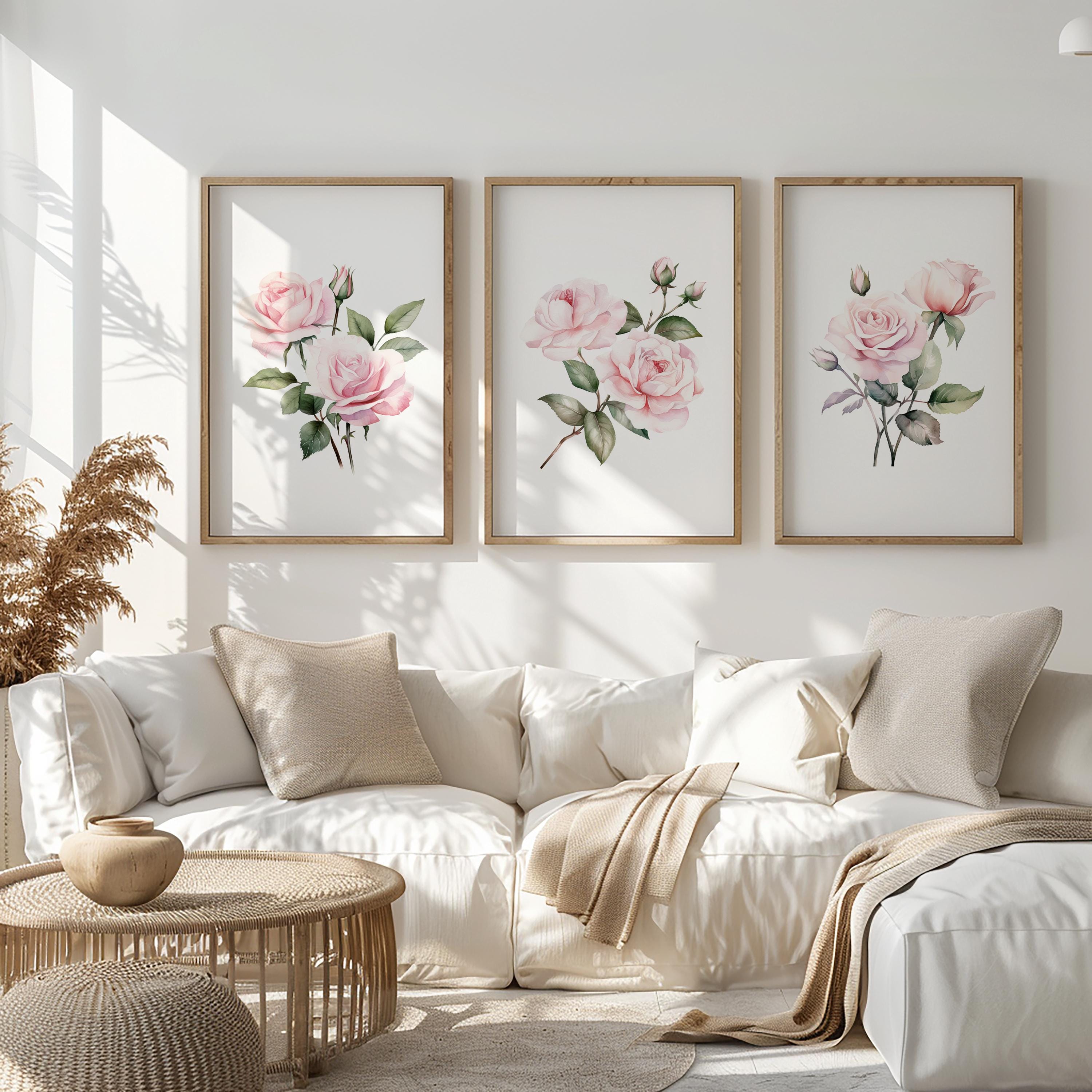 Set of 3 Pink Roses Minimalist Watercolor Wall Art Prints| Living Room ...