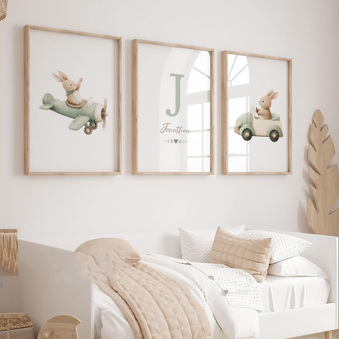 Vintage Bunny Custom Nursery Wall Art Print|set of 3 Personalized Name ...