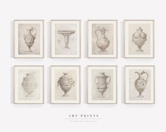 May include: Set of eight antique-style prints featuring detailed drawings of various vases and pitchers. The prints are in black and white with a sepia tone and are framed in a simple silver frame.